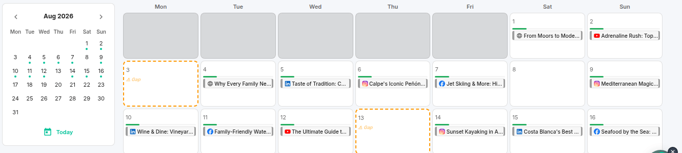 CalpeTrip content calendar in the live Content Studio: an August week with scheduled posts across LinkedIn, Facebook, Instagram and YouTube.